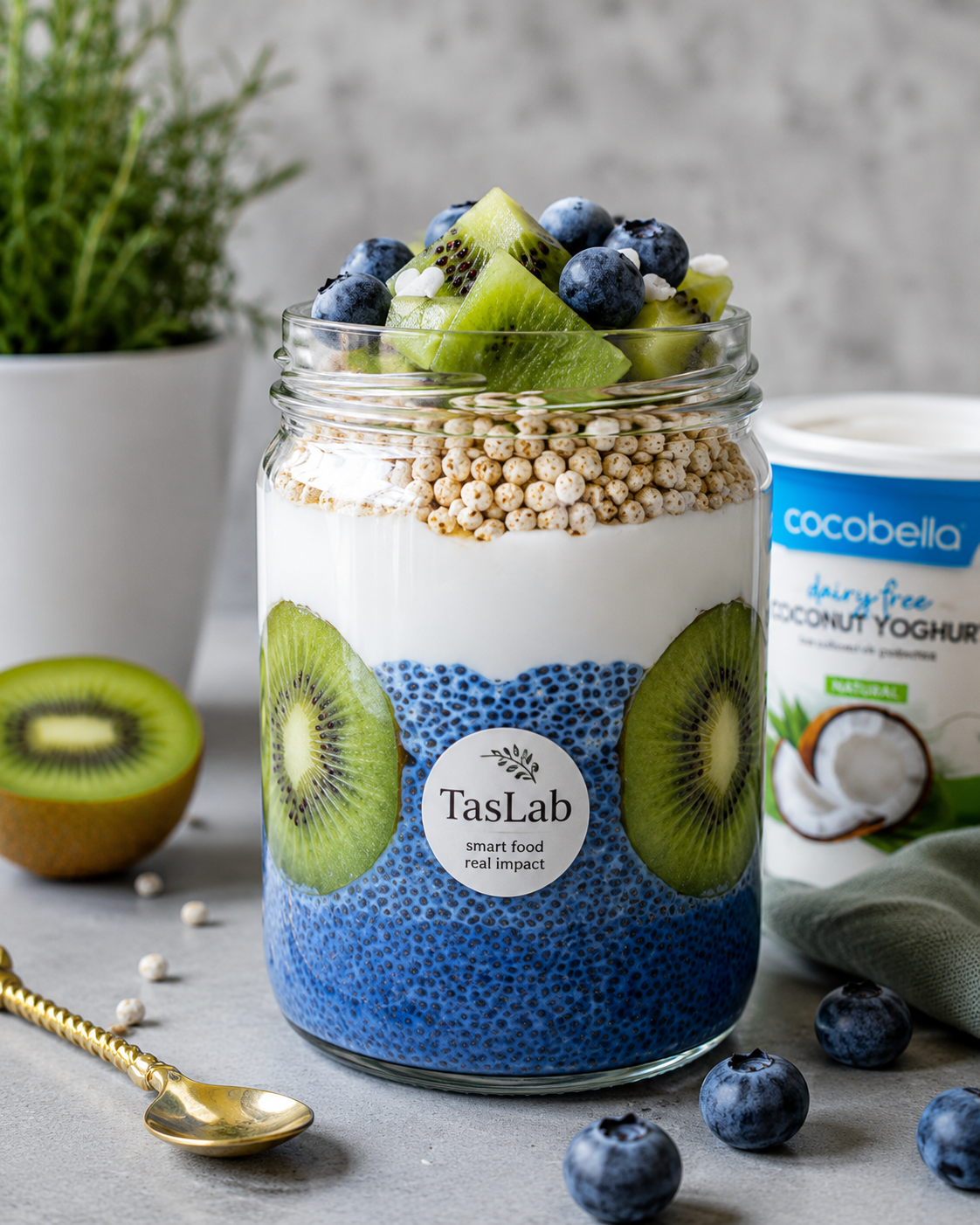 Blue Spirulina, Kiwi & Blueberry Chia Breakfast Jar